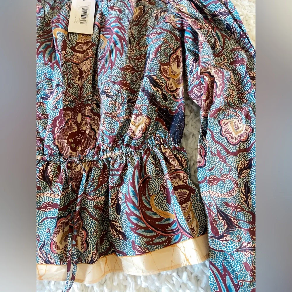 NWT Ulla Johnson Slate blue/grey red Mireya peplum cotton blouse